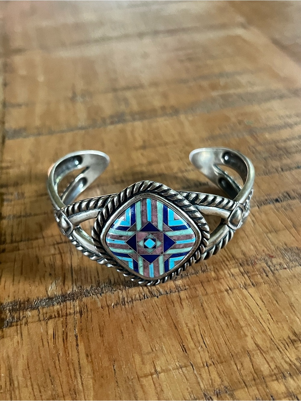 Vtg Carolyn Pollack Navajo-Style Geometric Multi-Stone Inlay 925 Cuff Bracelet